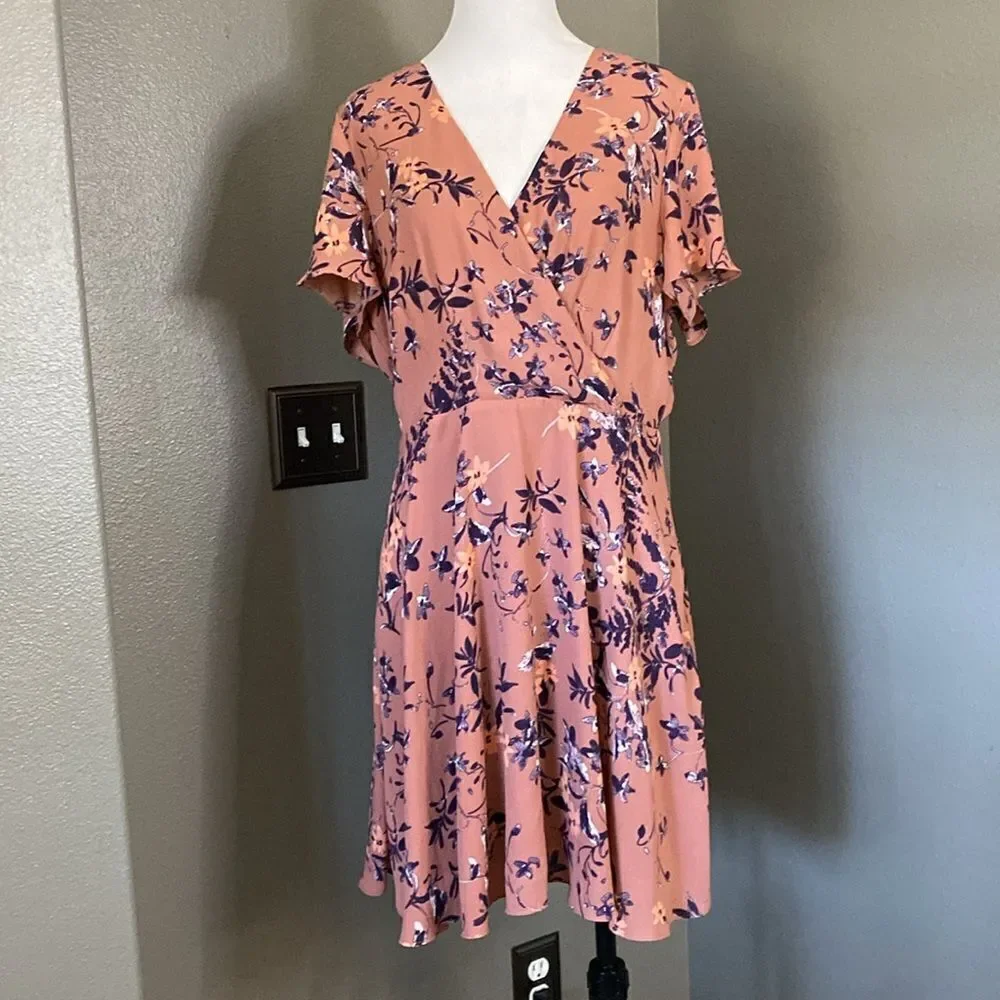 Express Shirt Sleeve Mini Dress faux Wrap front Mauve and Purple